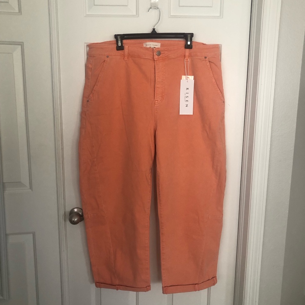 Risen Coral Peach High-Rise Cropped Barrel Jeans